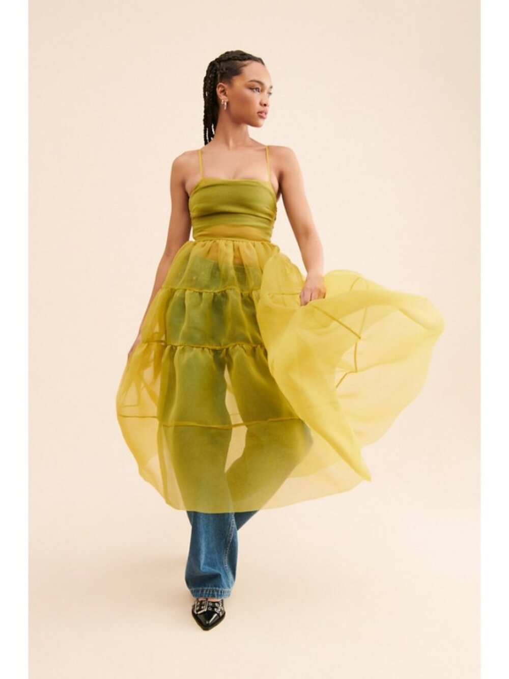 OHSEVENDAYS Women's Sheer Tiered Midi Dress Size S In Moss